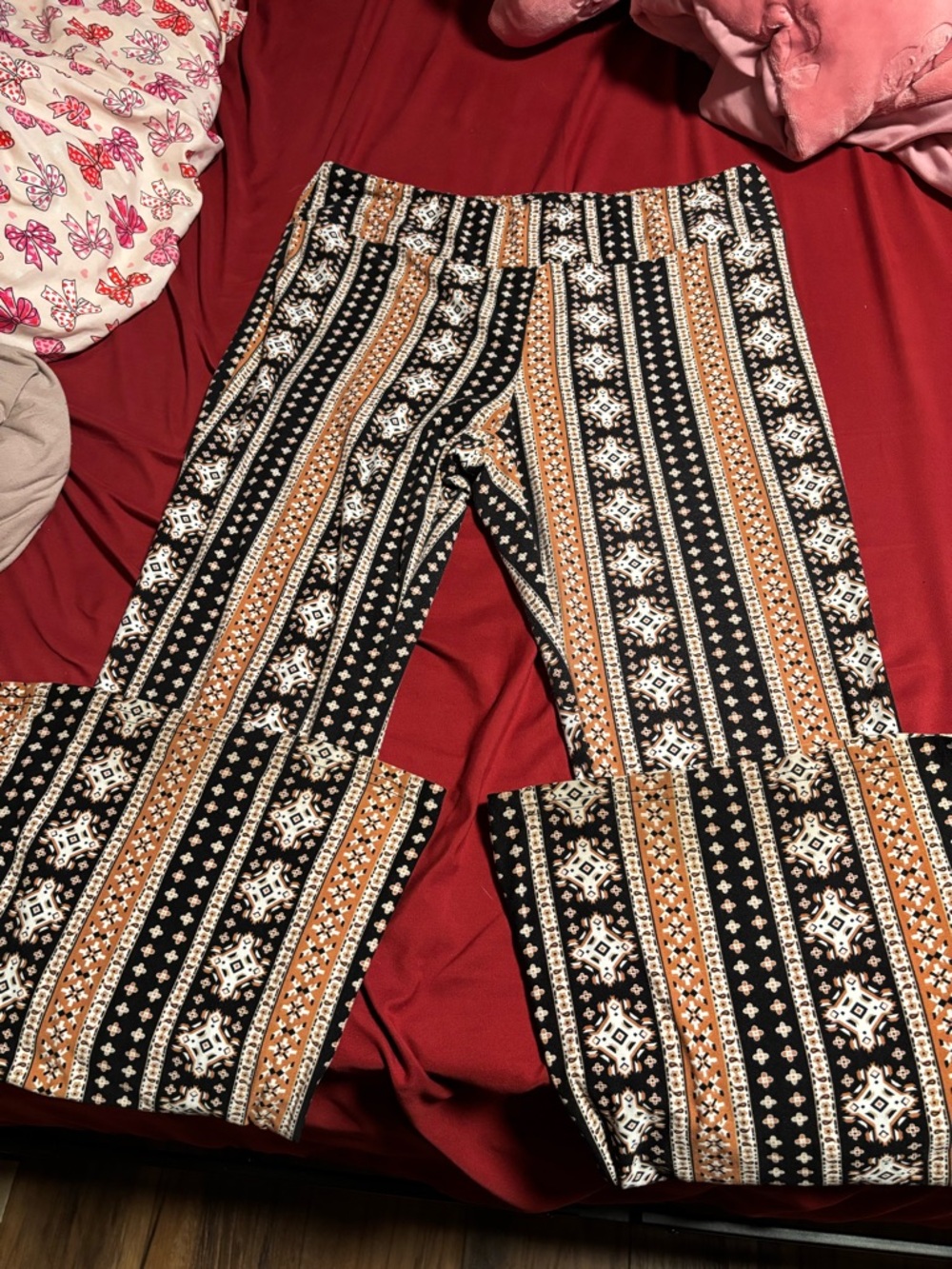 Patterned Black and Tan Aztec-Print Flare Pants